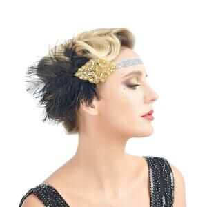 Gold Black Silver Feather Vintage Inspired The Great Gatsby Headband 1920s